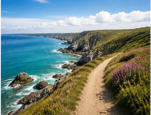 Sentier côtier sur la presqu'île de Crozon avec vue sur l'océan Atlantique en Bretagne.