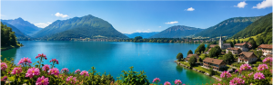 Vue panoramique du lac d'Annecy entouré de montagnes, une destination idéale pour profiter d'un été au frais en France.