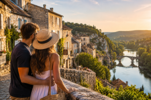 Couple en week-end romantique admirant un village français au coucher du soleil