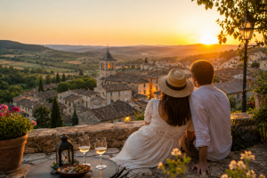 Couple admirant le coucher de soleil sur un village français lors d’un week-end romantique