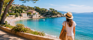 Vacancière admirant une crique aux eaux turquoise sur le littoral méditerranéen en septembre, illustrant une destination française où il fait encore beau après l'été.