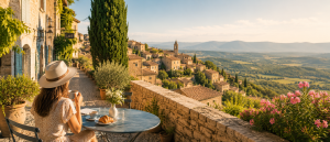 Vacancière prenant son petit-déjeuner en terrasse face à un village du sud de la France en septembre, sous un ciel ensoleillé, illustrant une escapade en arrière-saison.