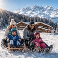 Famille sur la luge avec enfants au ski