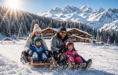Famille sur la luge avec enfants au ski