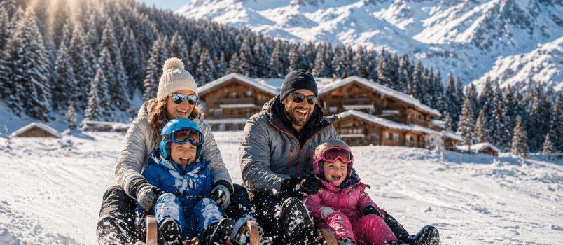 Famille sur la luge avec enfants au ski